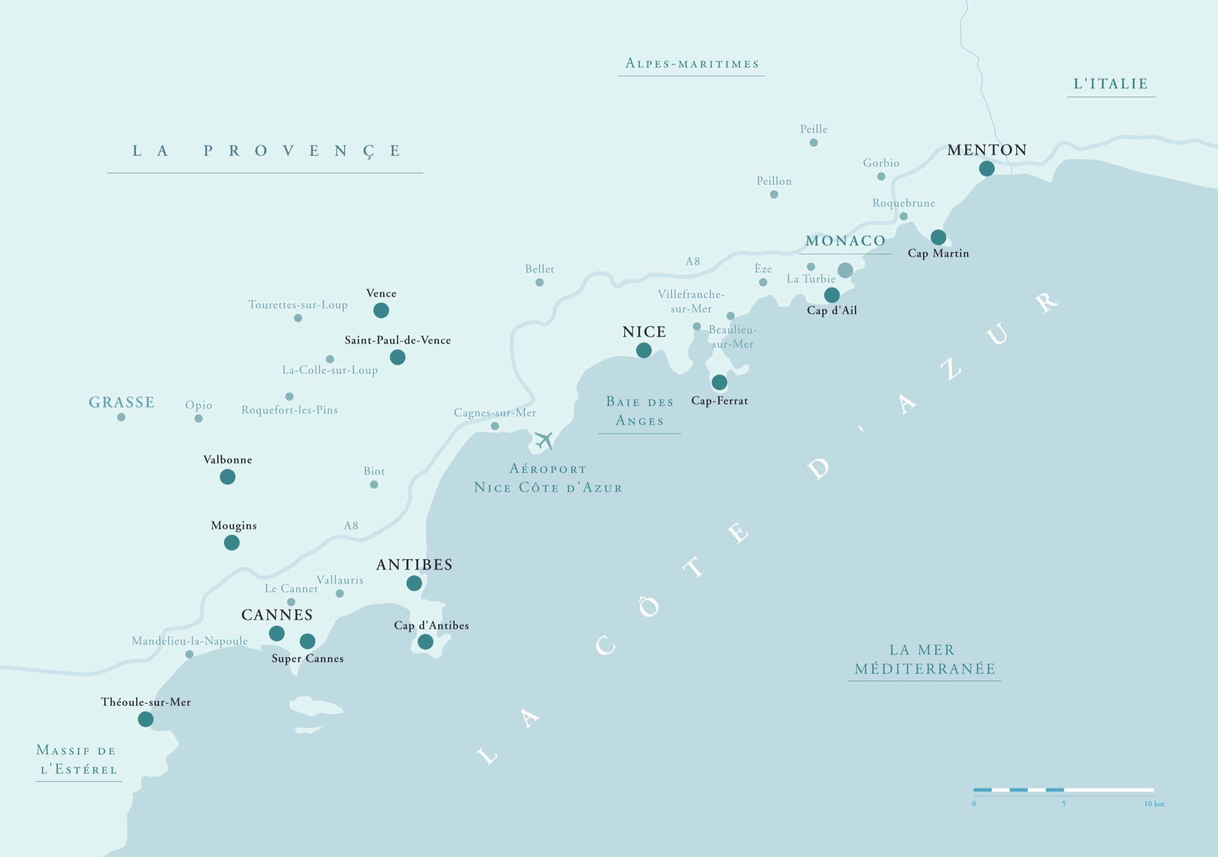 Illustrierte Karte der Côte d'Azur – von Théoule-sur-Mer bis Menton